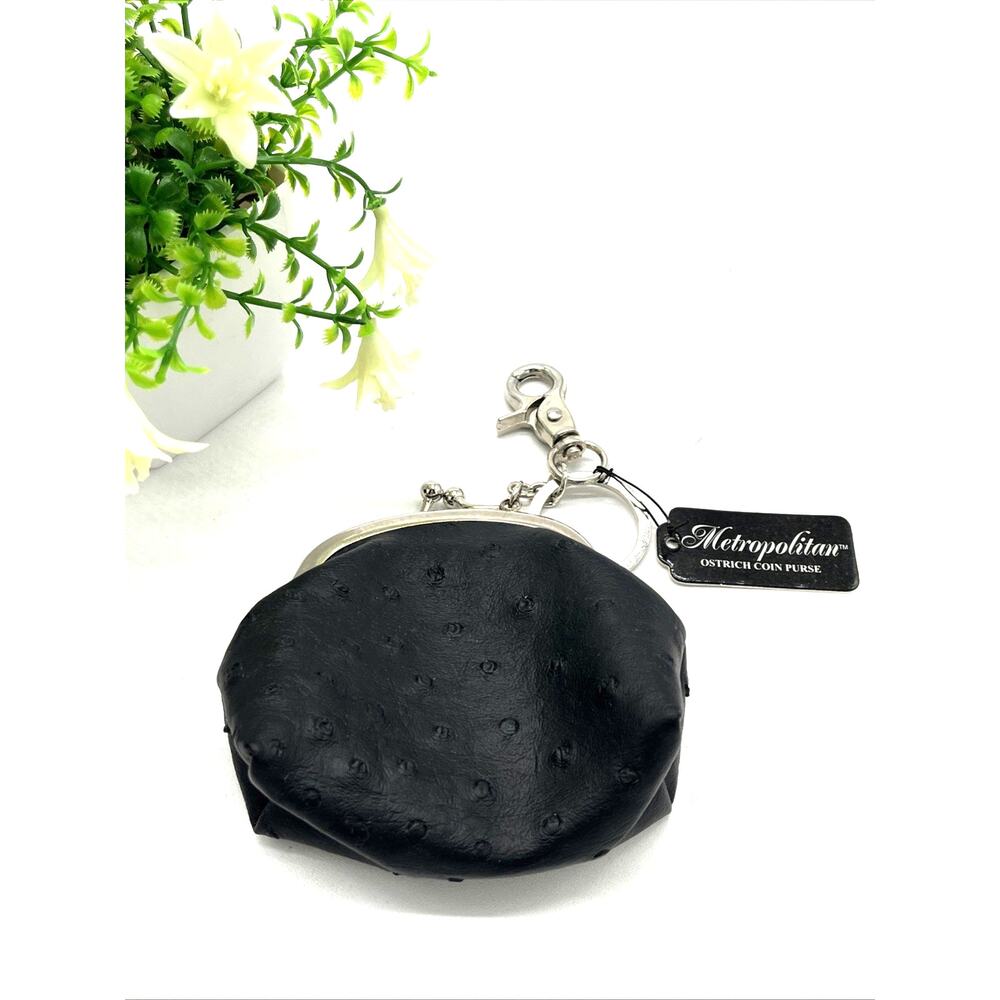 Metropolitan Coin Purse Ostrich Vegan Leather Black Silver Clasp Mini w/key ring